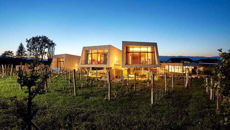 Garden loftok a Guntrams Estate-ben, © Herbert Lehmann Modern kerti loftok a Gut Guntramsban alkonyatkor, szőlővel körülvéve.