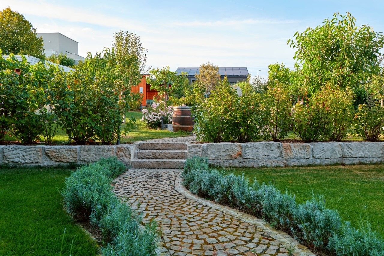 Ápolt kert kőúttal, bokrokkal és fákkal, a háttérben egy épület napelemekkel.