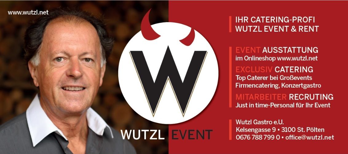 A Wutzl Event reklámja egy férfi fotójával és a céggel kapcsolatos információkkal.