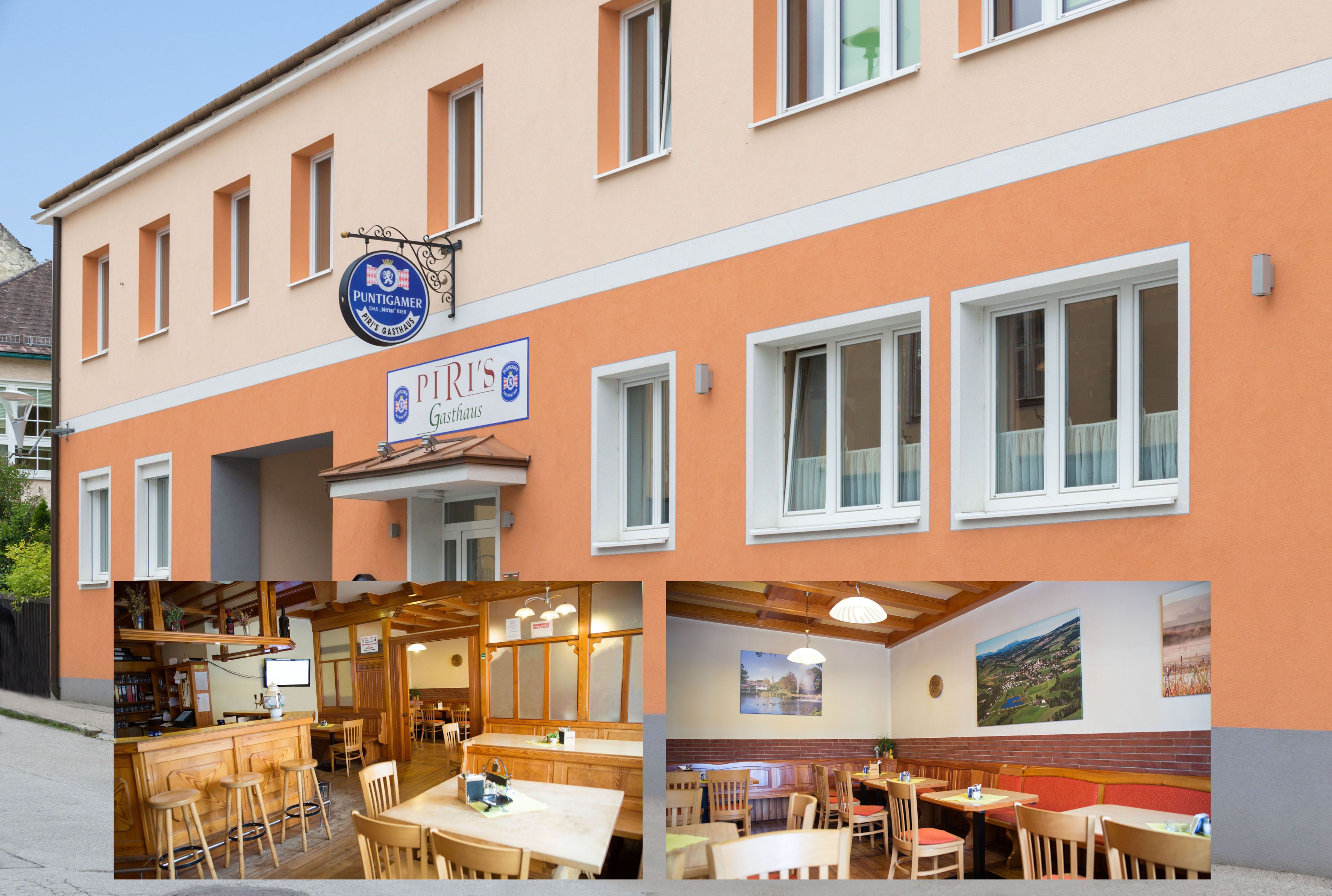 A Piri's Gasthaus külső nézete és az étterem belső nézetei.