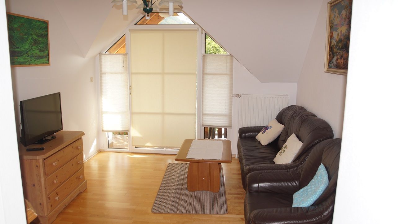 Nappali bőrkanapéval, fa asztallal, komóddal és TV-vel. Ablakok redőnnyel, képek a falakon.