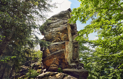 Majestätisch ragt der Felsen in den Himmel, umgeben von üppigem Grün und dem sanften Licht der Sonne. Die Ruhe der Natur lädt dazu ein, innezuhalten und die atemberaubende Aussicht auf die umliegenden Wälder und die Donau zu genießen. Ein Ort, der die Seele berührt und zum Verweilen einlädt.