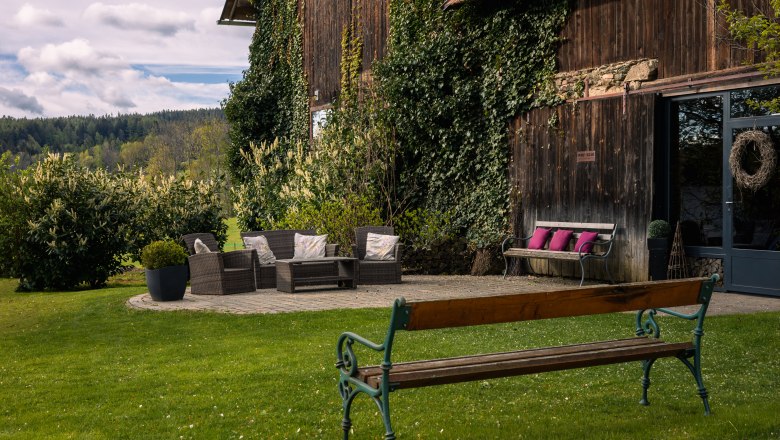 Kerti ter&uuml;let &uuml;lőb&uacute;torokkal egy borosty&aacute;nnal benőtt fa&eacute;p&uuml;let előtt.