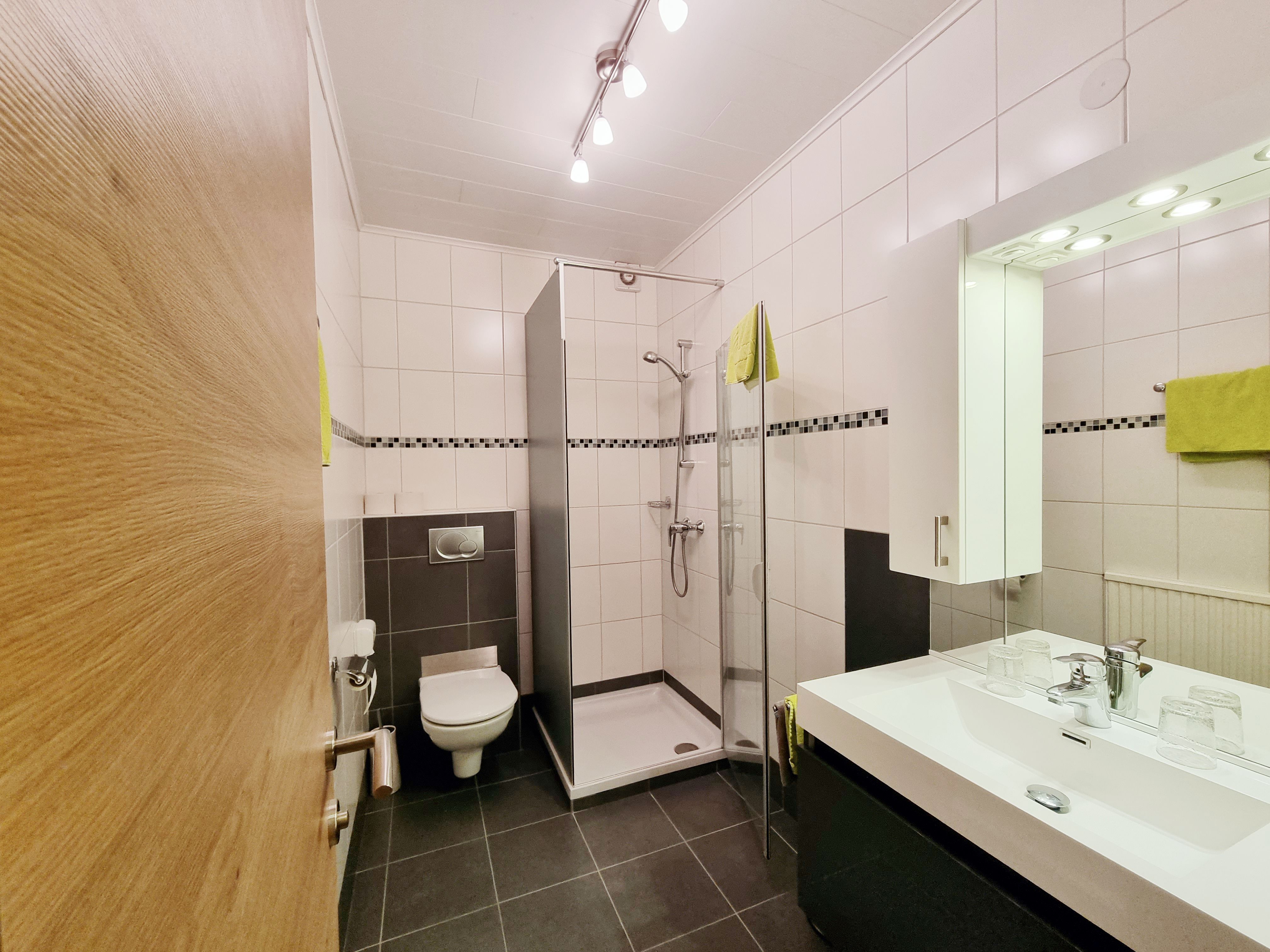 Modern fürdőszoba zuhanyzóval, mosdóval és WC-vel.