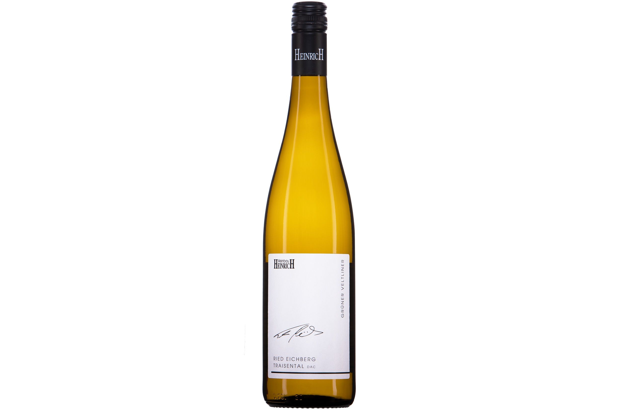 Egy üveg Zöldveltelini bor a Weingut Heinrich címkéjével.