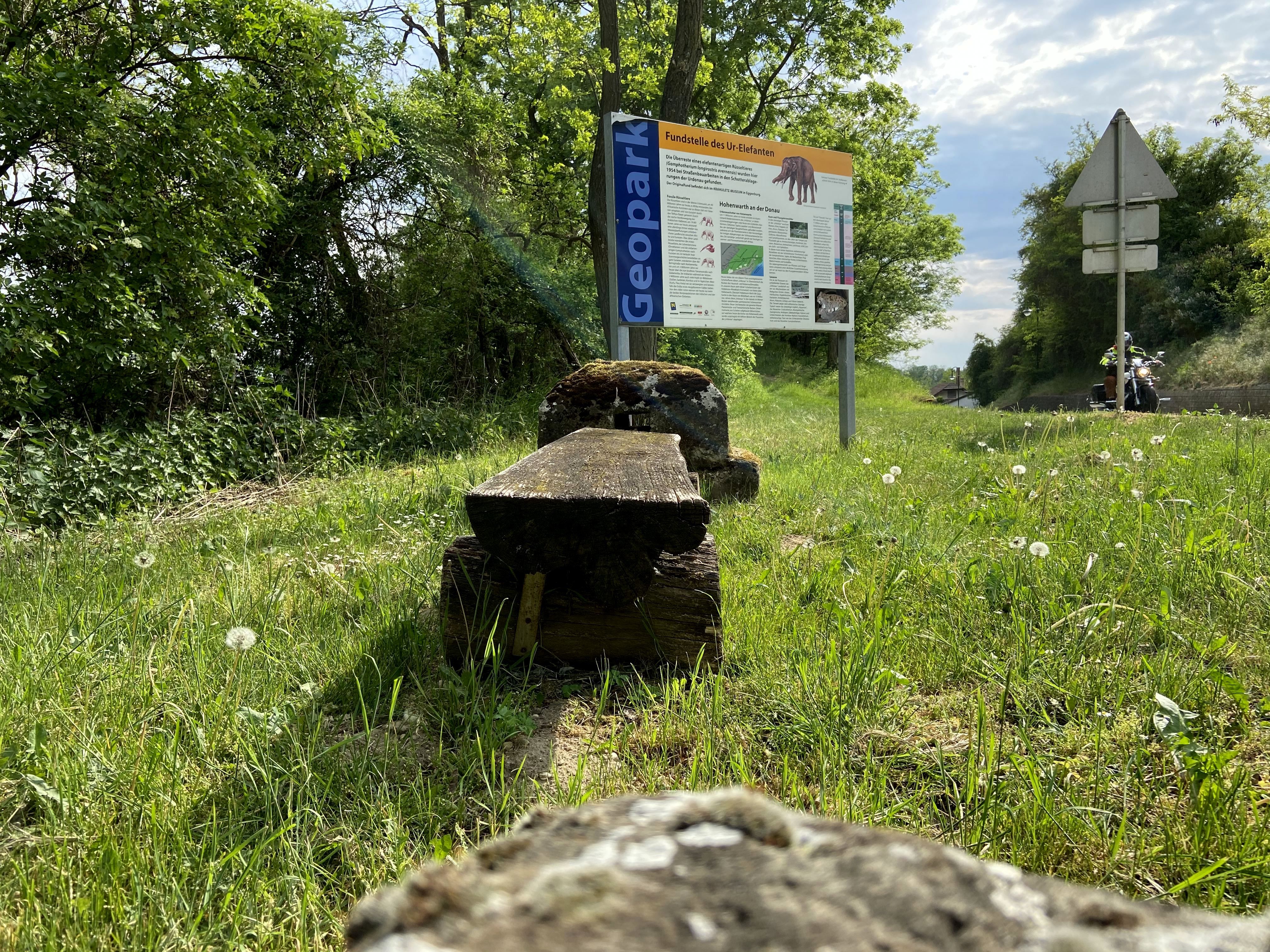 A Hohenwarthban található masztodon-lelőhely táblája egy fákkal és ösvényekkel körülvett réten.