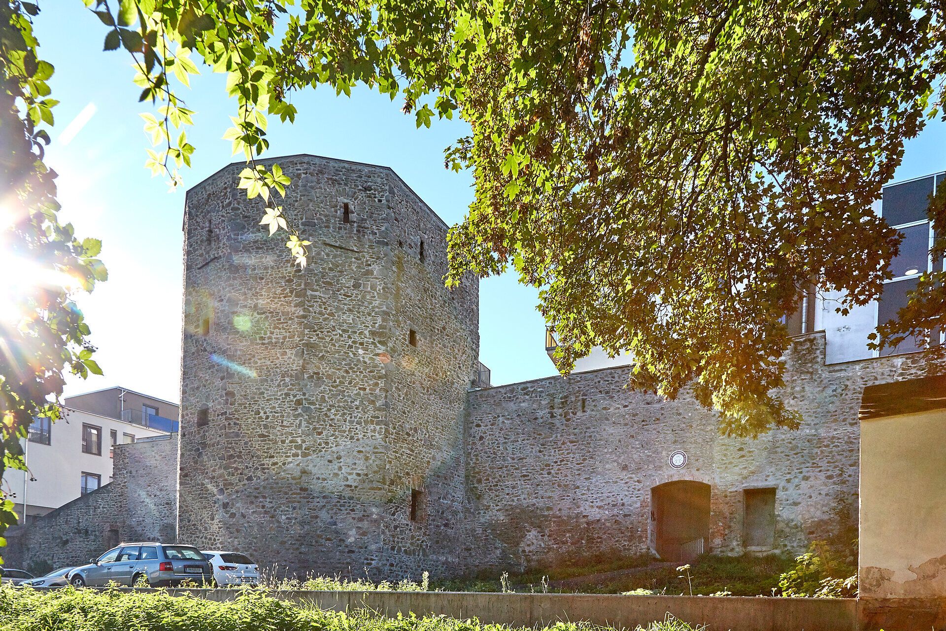 Városfal és torony Waidhofen an der Thaya-ban, fákkal és napfénnyel körülvéve.