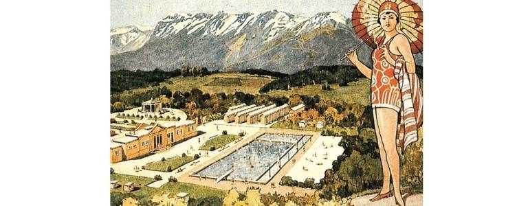 Illusztráció egy szabadtéri úszómedencéről, a háttérben hegyekkel, előtérben egy úszódresszben lévő nővel.