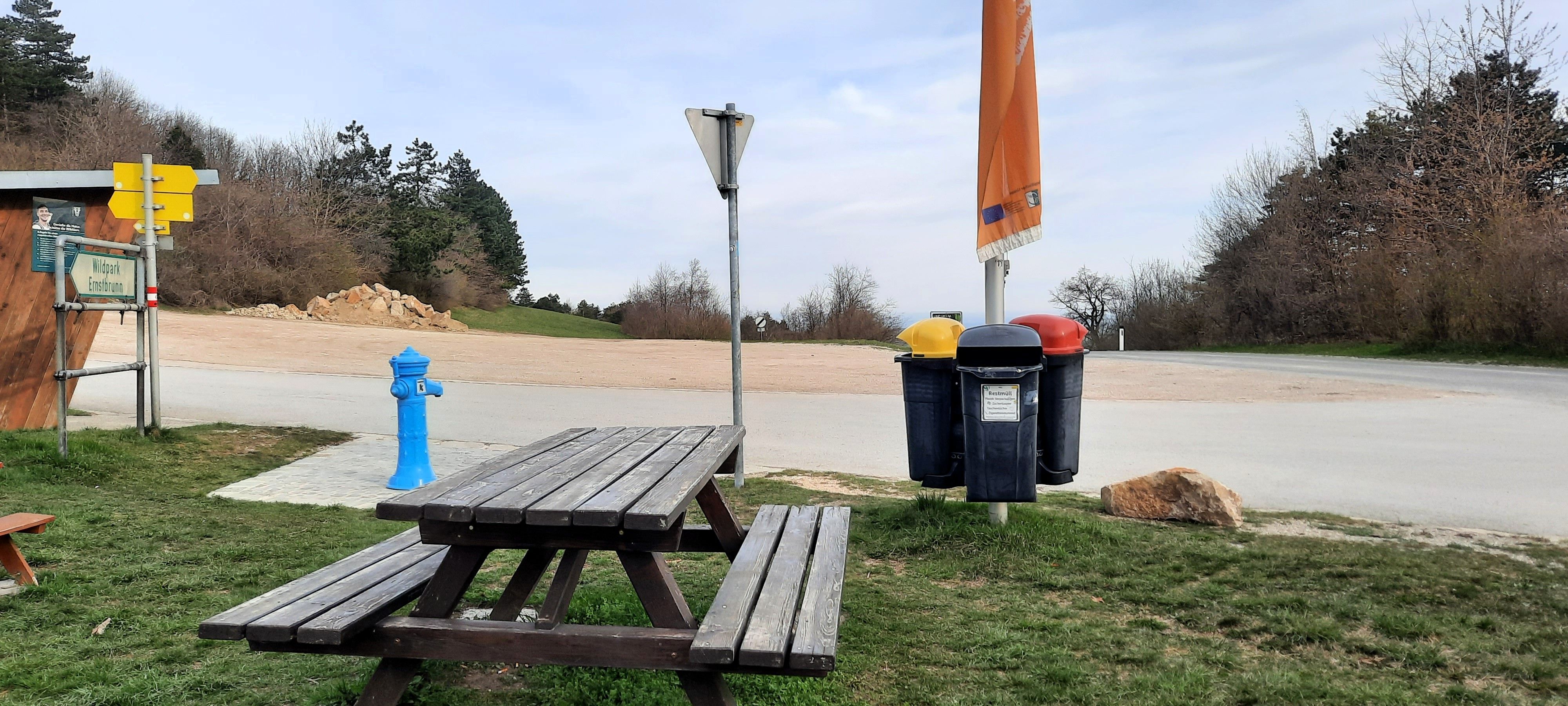 Piknikasztal és szemetes egy parkolóban, a háttérben fák.