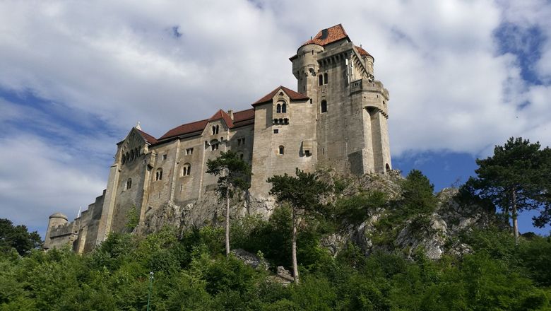 Liechtenstein kastély egy dombon, fákkal és kék éggel.
