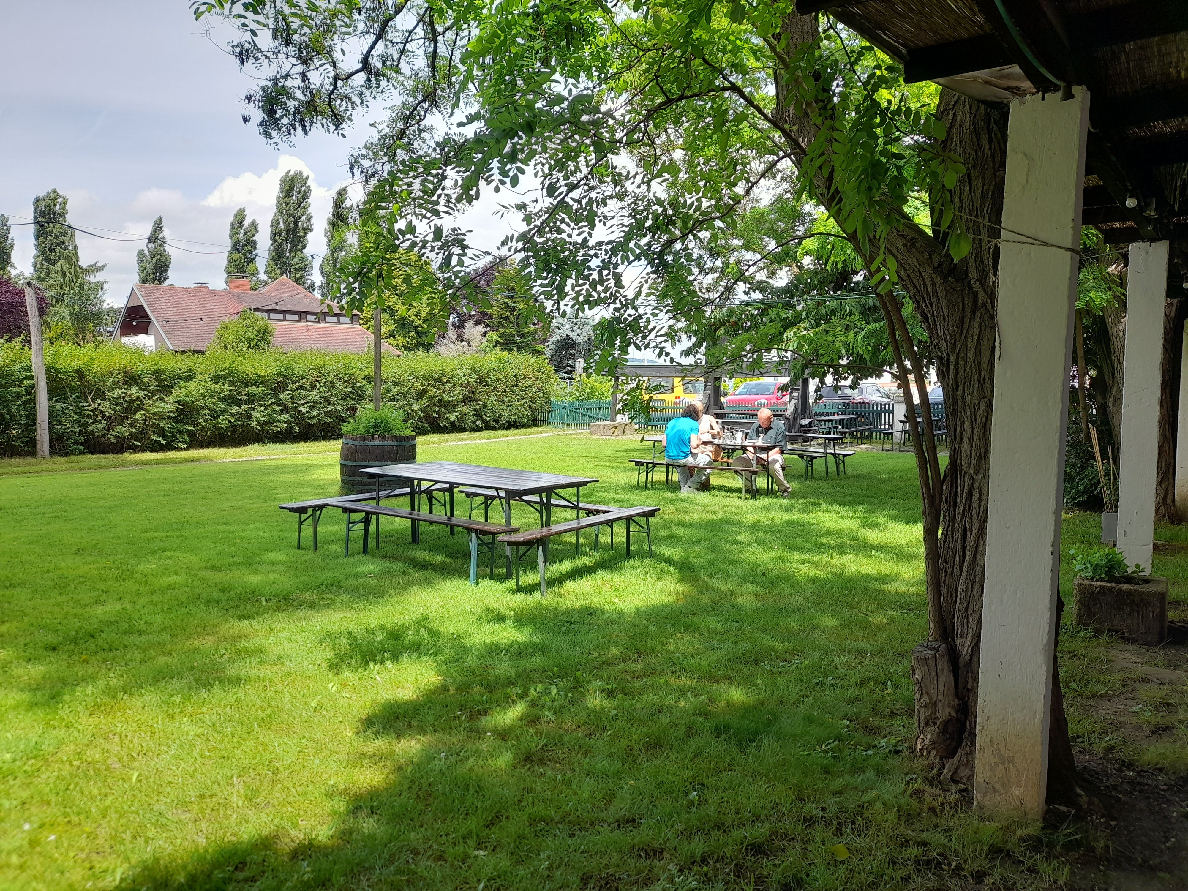 Zöld kert borasztalokkal 