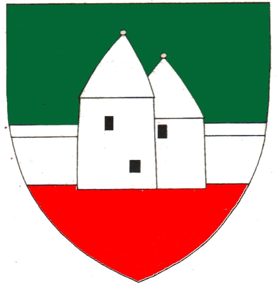 Pottenstein címere zöld háttérrel, fehér épülettel és piros háttérrel.