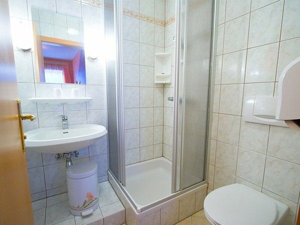 Kis fürdőszoba zuhanyzóval, mosdóval és WC-vel.