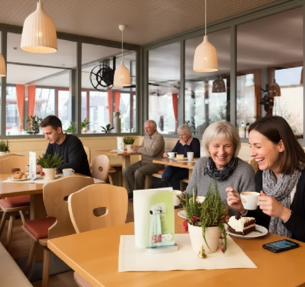 Emberek egy kávézóban kávéznak és süteményt esznek.