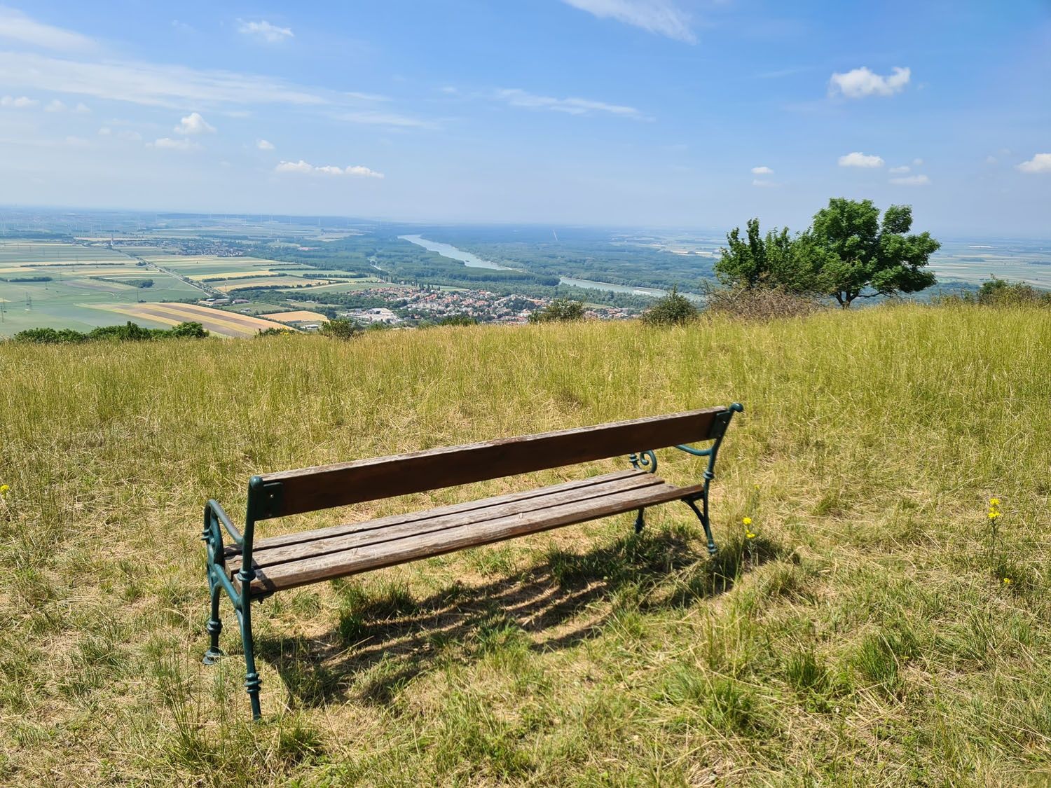 Egy fapad egy réten, kilátással a hatalmas tájra és a távolban lévő folyóra.