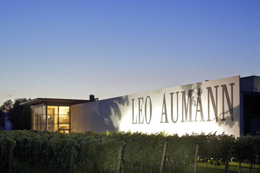 "Leo Aumann" feliratú épület alkonyatkor, szőlővel körülvéve.
