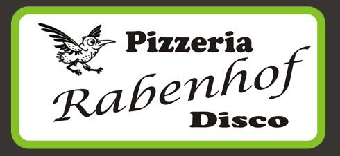 A Pizzeria Rabenhof logója madárral és zöld szegéllyel.