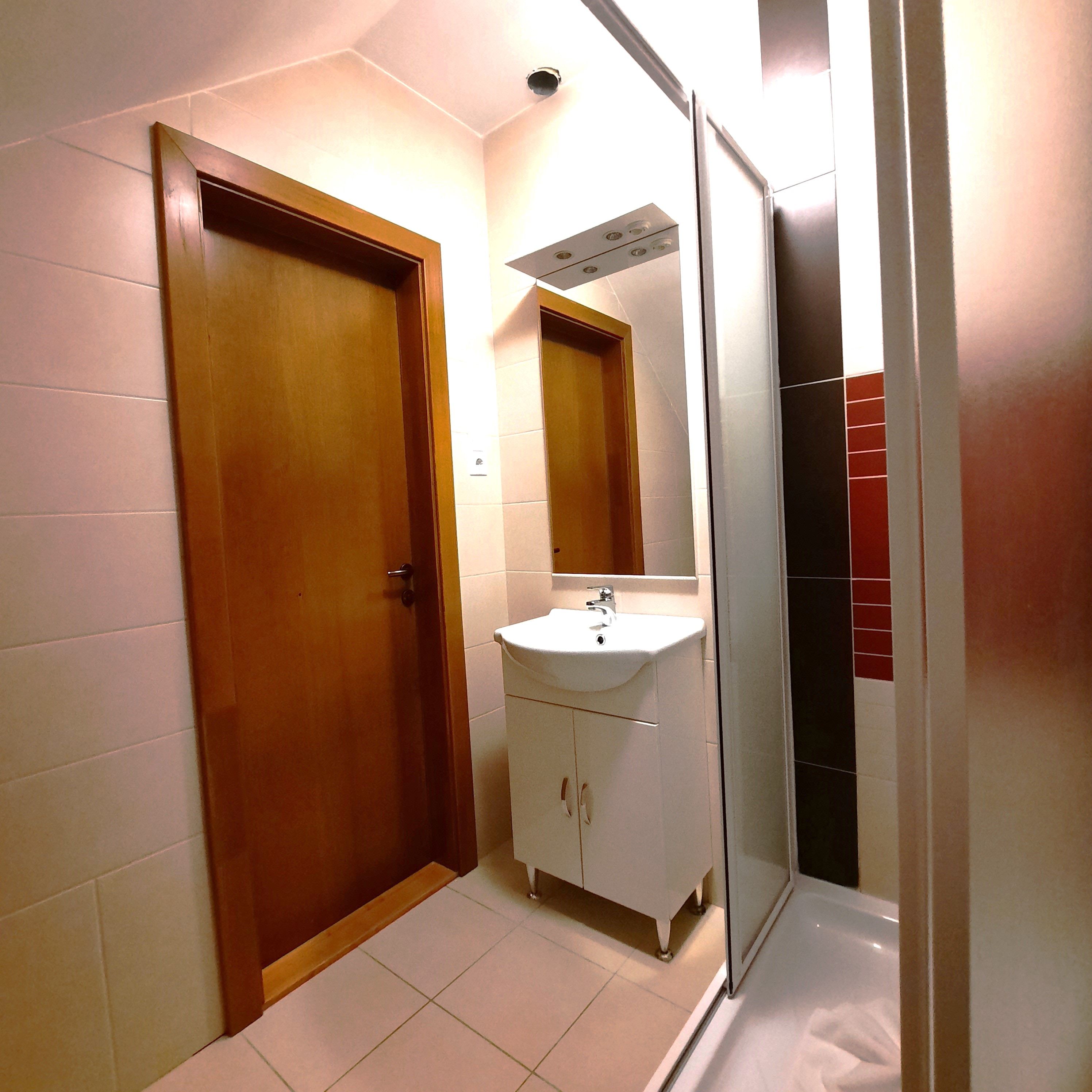 Modern fürdőszoba faajtóval, mosdóval és zuhanyzóval.