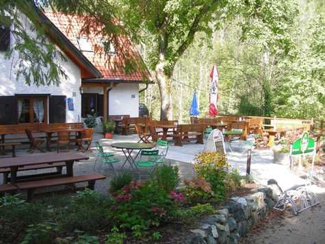 A Schindlhütte szabadtéri területe asztalokkal és székekkel a zöldben.