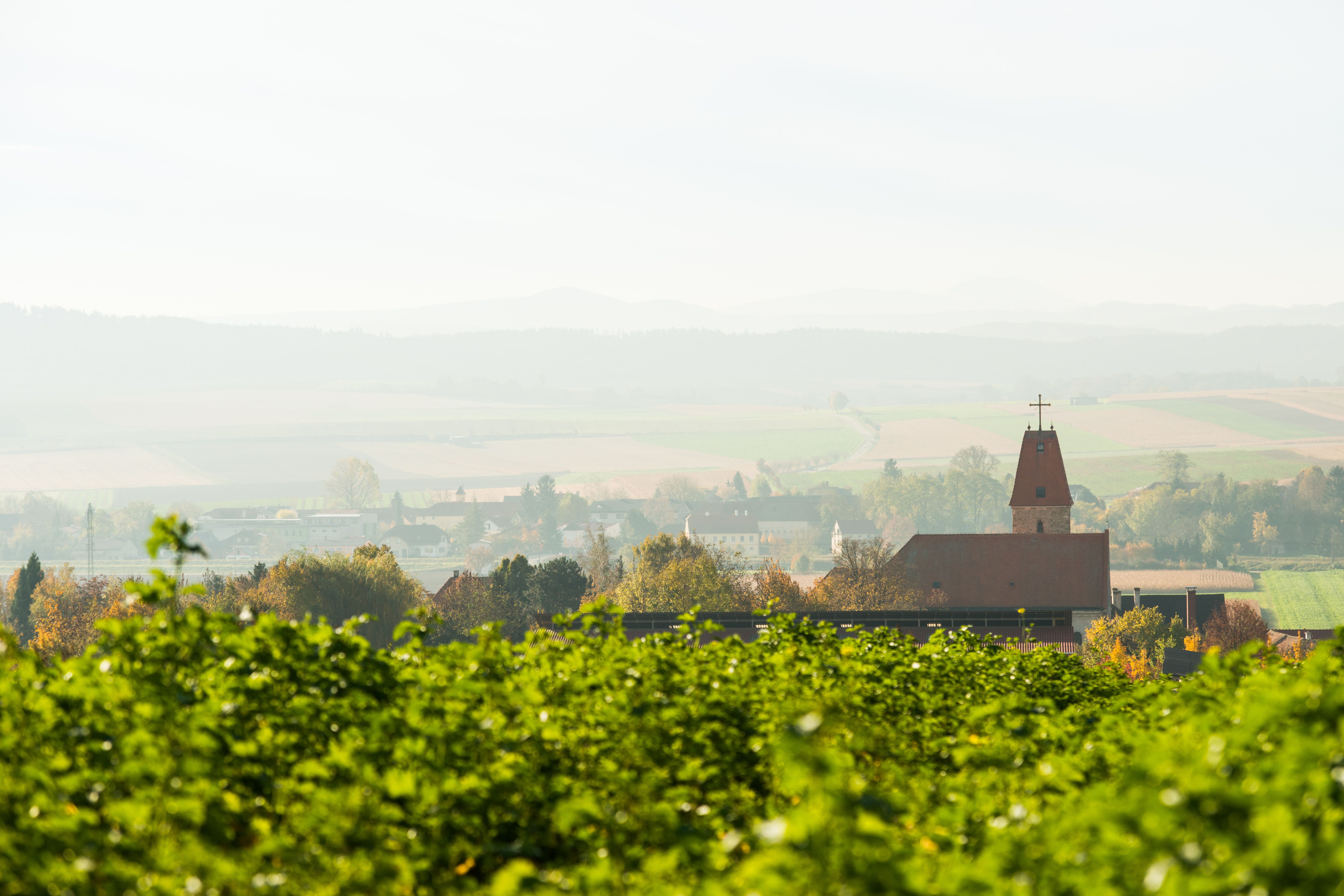 Tájkép templommal és mezőkkel Perschlingben.