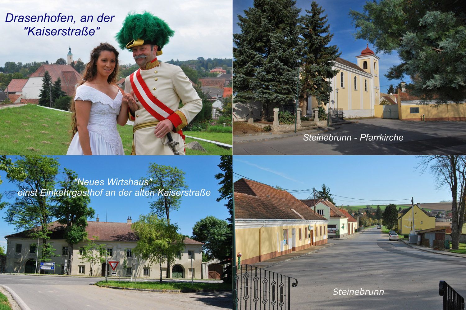 Kollázs Drasenhofenről, történelmi ruhás emberekkel, egy steinebrunni templommal és egy régi fogadóval.