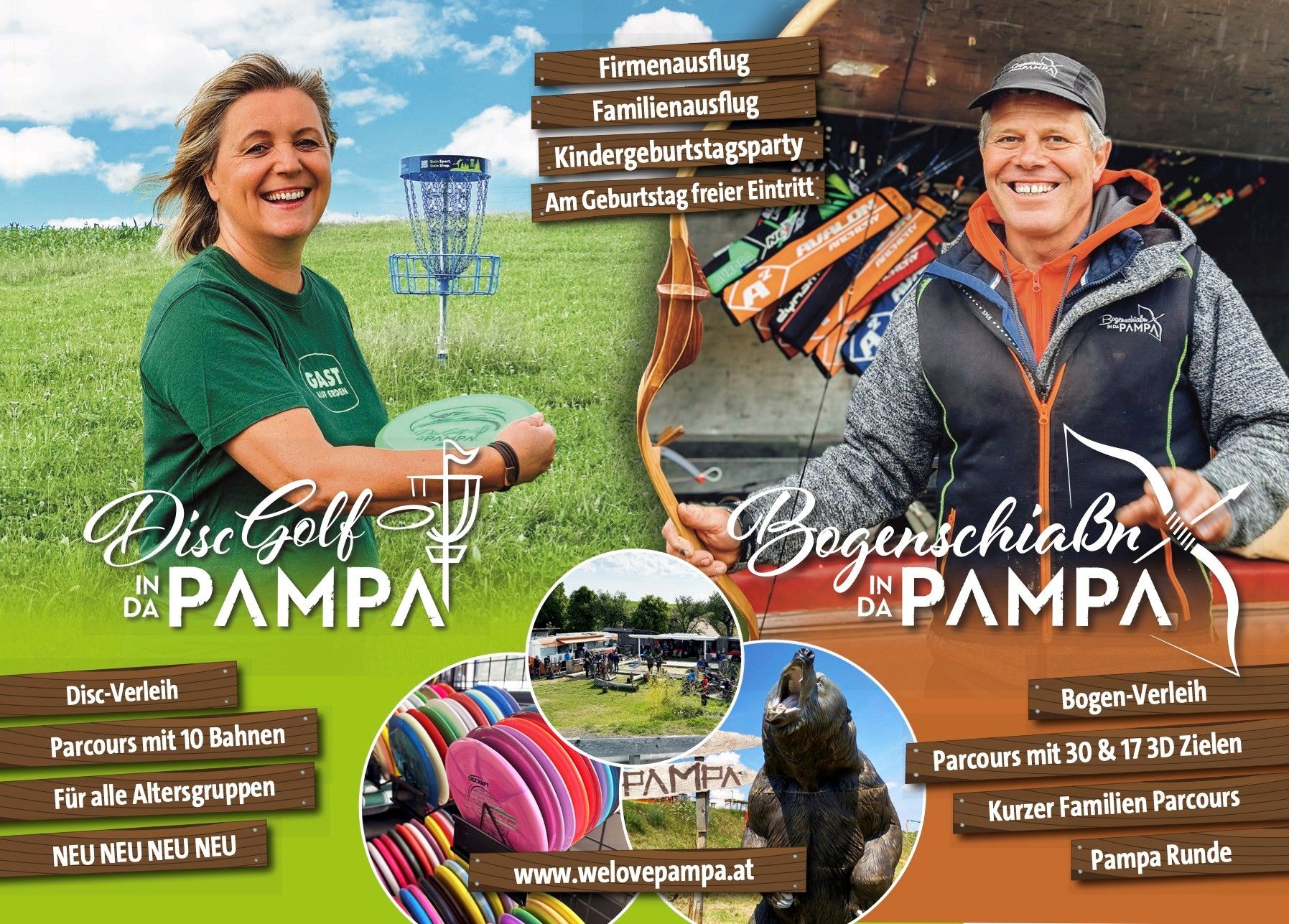 Szórólap a pampai diszkógolf és íjászat rendezvényeiről, képeken egy nő egy diszkógolf koronggal és egy férfi íjjal a kezében.