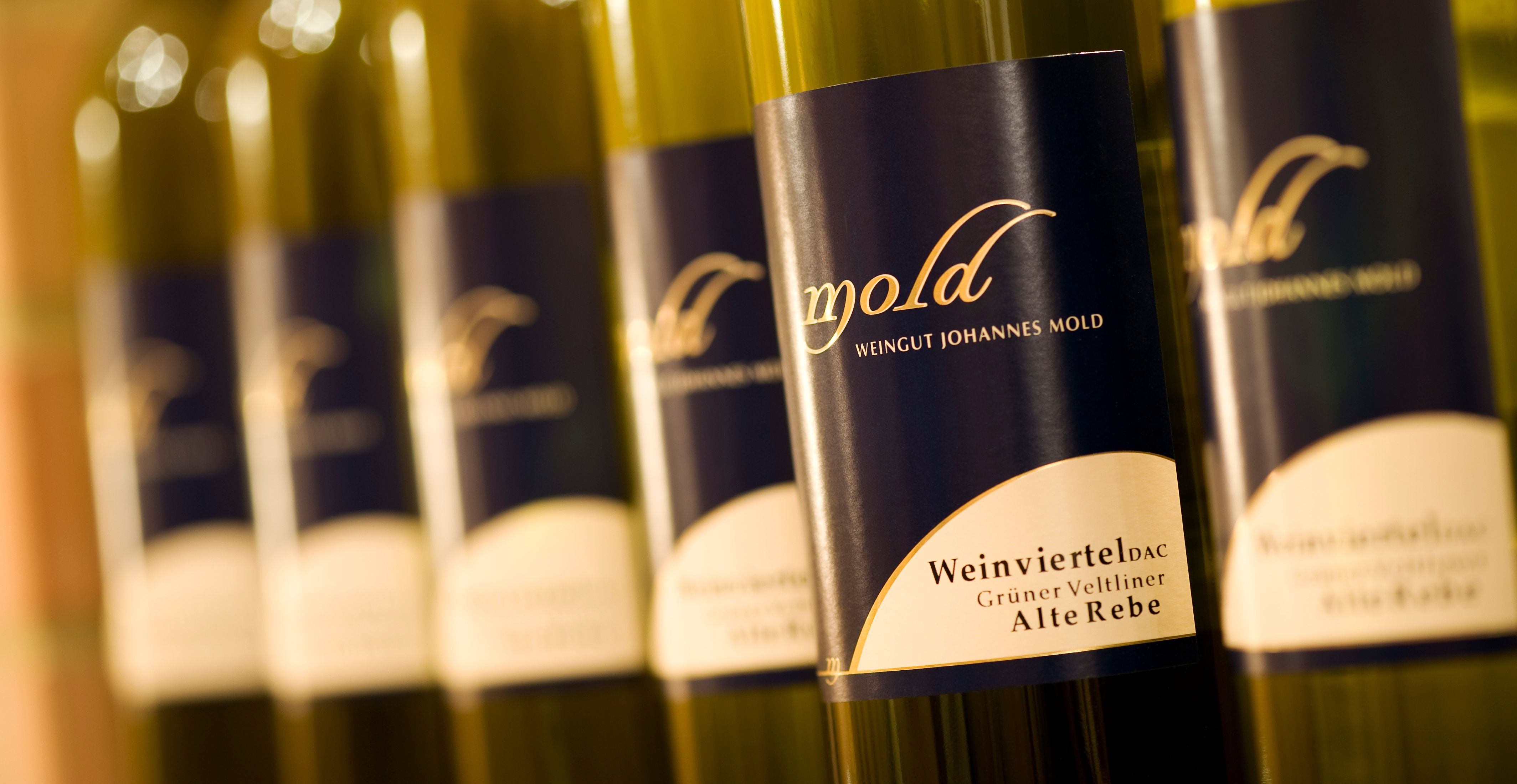 Közelkép a "Mold Weingut Johannes Mold" feliratú borosüvegekről.
