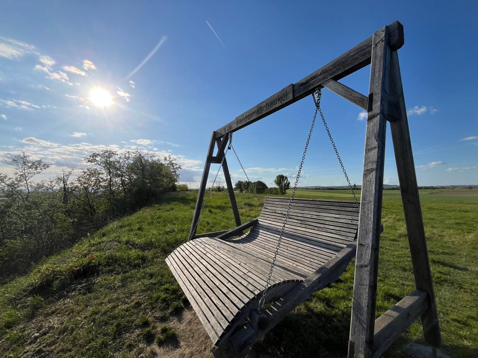 Nagy fa panorámahinta egy zöld réten, ragyogó kék ég alatt. Az alacsonyan álló nap megvilágítja a tájat és hosszú árnyékokat vet, miközben egyes felhők és egy páracsík szeli át az eget. A jelenet nyugodtnak és hívogatónak tűnik, széles kilátással a mezőkre és a természetre.