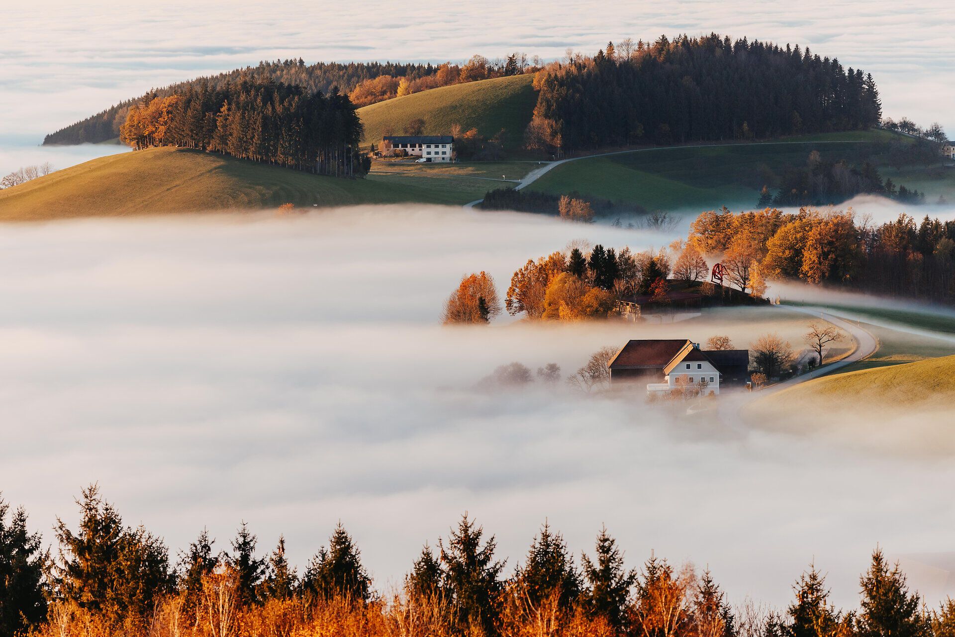 Im goldenen Licht des Herbstes entfaltet die sanfte Hügellandschaft ihre volle Pracht. Nebelschwaden umhüllen die malerischen Höhlen und Wälder, während die bunten Blätter der Bäume in warmen Tönen leuchten. Ein Ort der Ruhe und Inspiration, ideal für Naturliebhaber und Wanderfreunde.