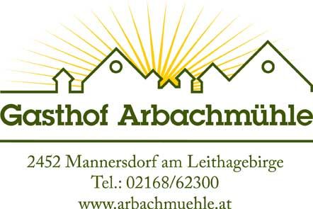 A Gasthof Arbachmühle logója stilizált házakkal és napsugarakkal.