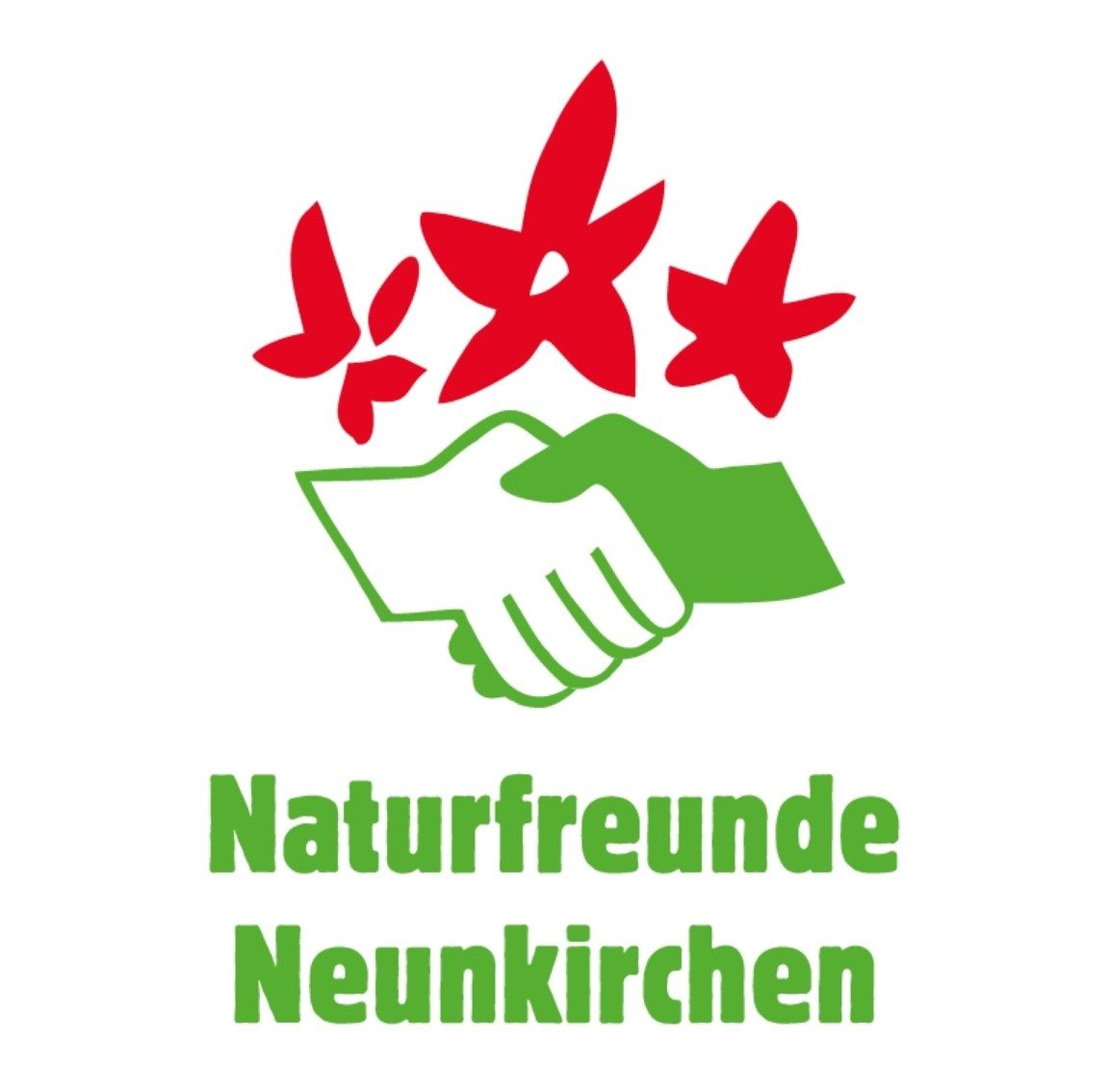 Naturefriends Neunkirchen logó piros virágmotívummal és zöld kézfogással.
