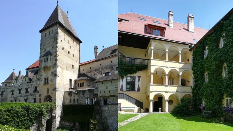 A Feistritz-kastély két nézete, balra a torony, jobbra az árkádos belső udvar.