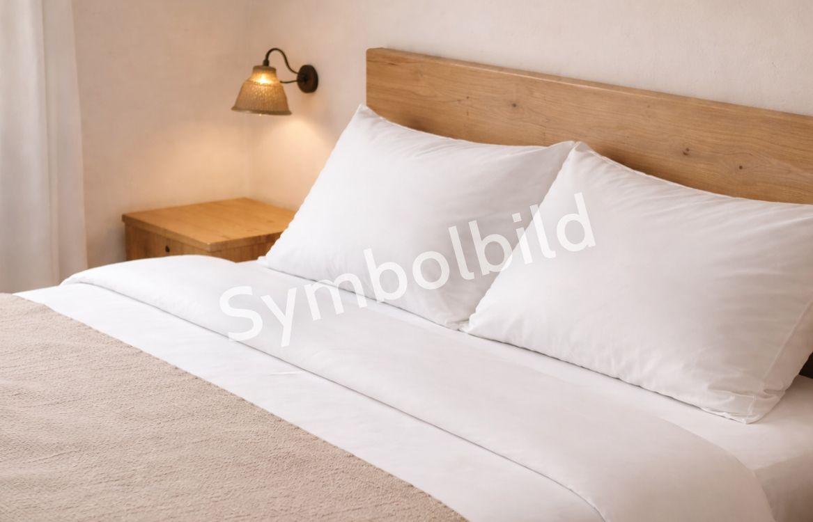 Egy kényelmes ágy fehér párnákkal és ágyneművel, mellette egy éjjeliszekrény lámpával. A képen „Symbolbild” felirat látható vízjelként.
