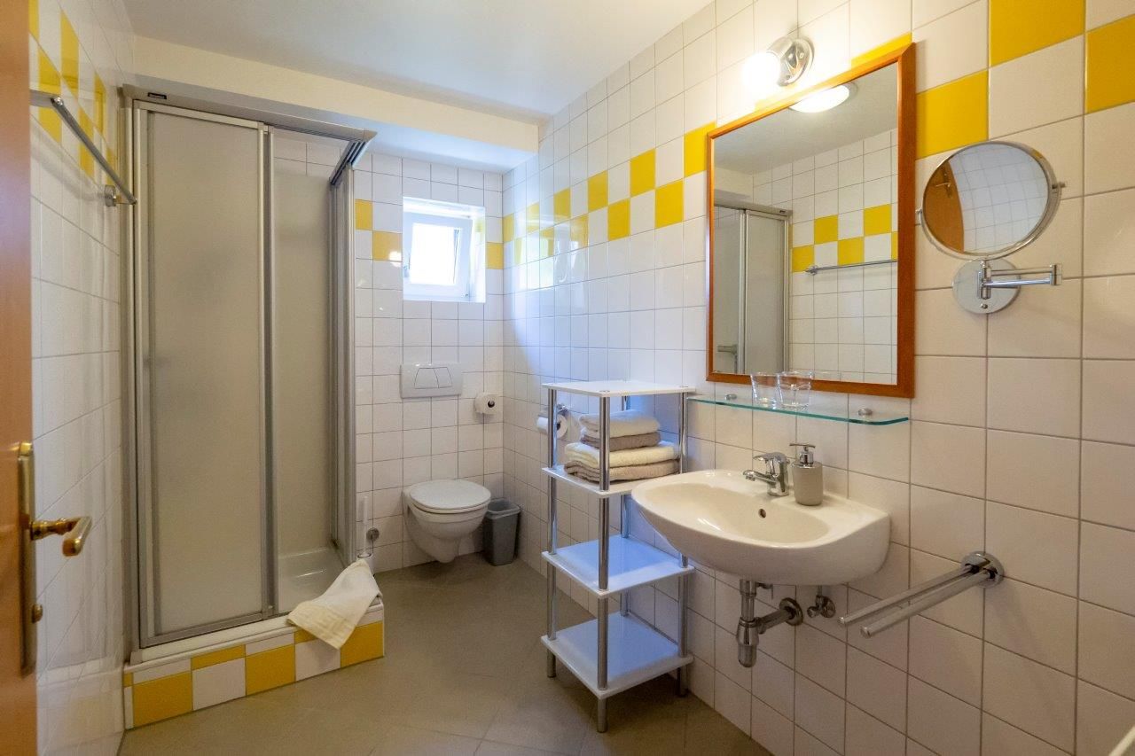 Fürdőszoba zuhanyzóval, WC-vel, mosdóval és tükörrel.