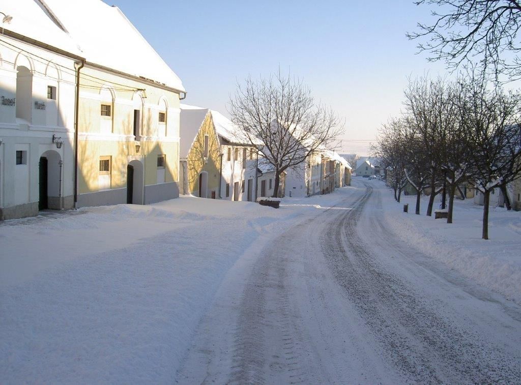 Hóval borított utca történelmi épületekkel és fákkal az ausztriai Straningban.