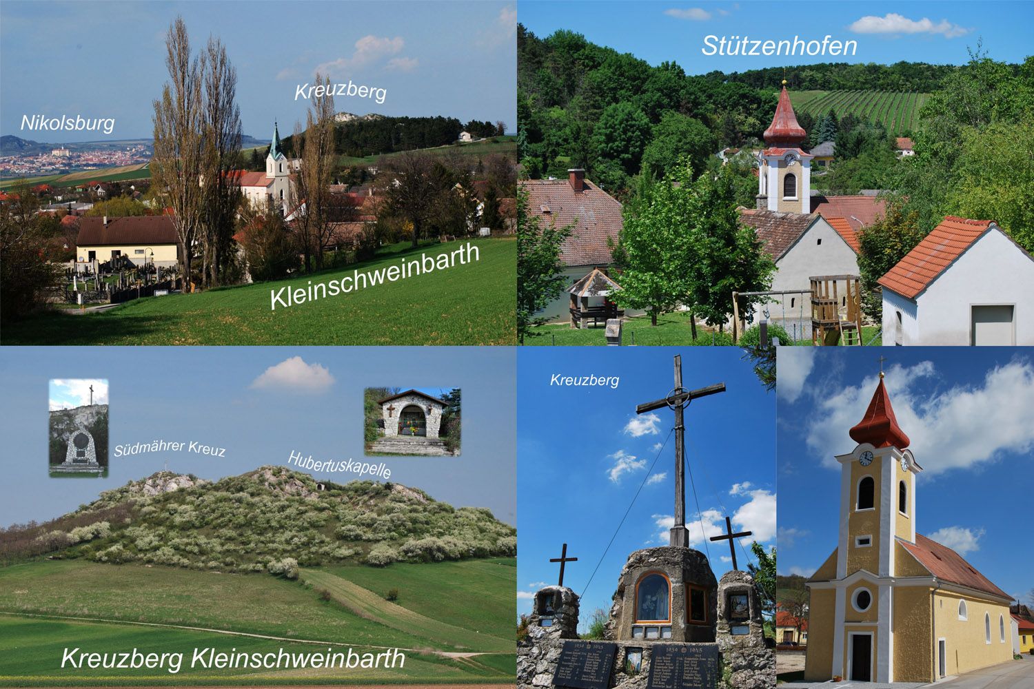 Drasenhofeni tájképek és épületek kollázsa, köztük templomok és keresztek.
