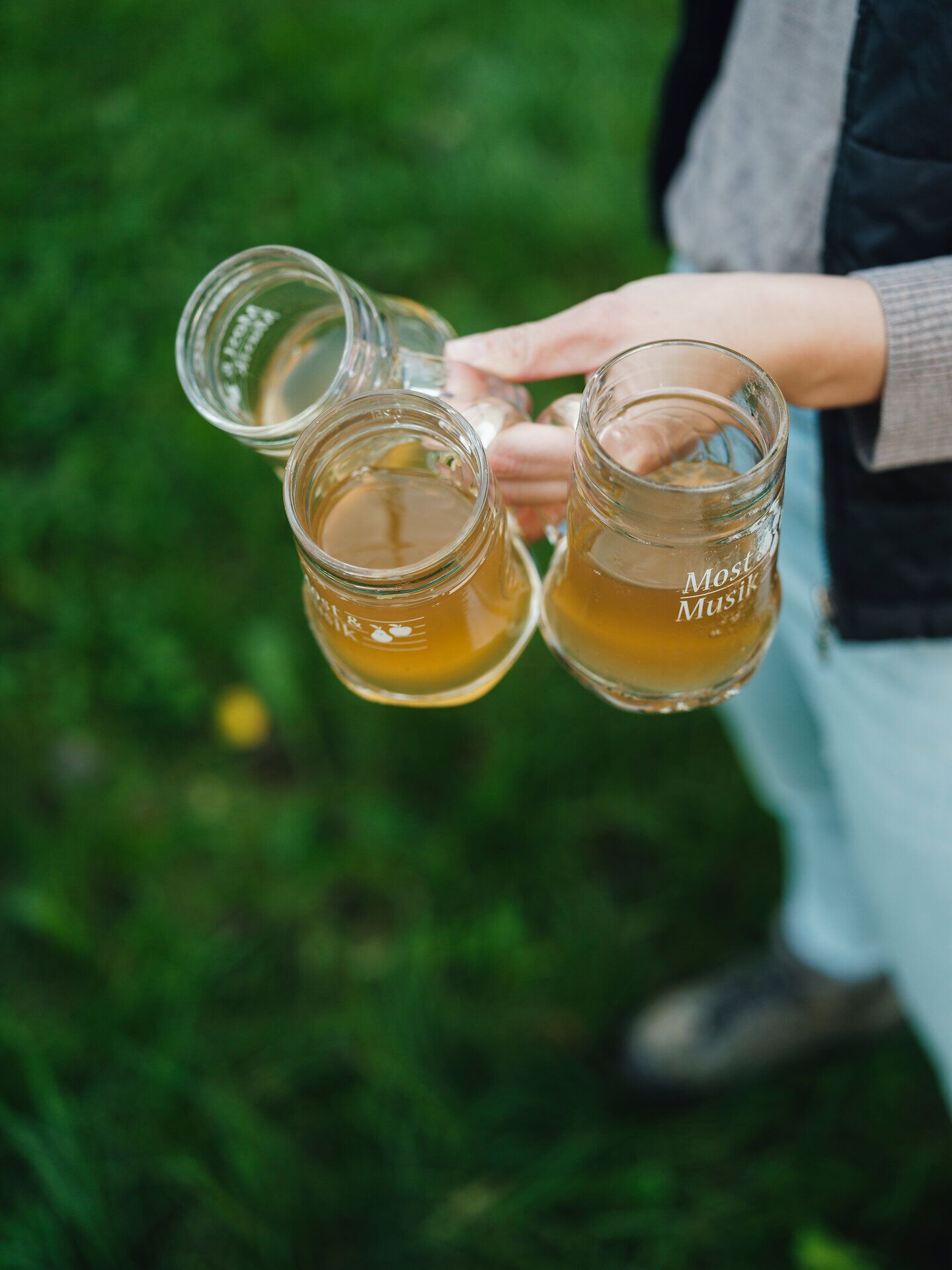Inmitten der grünen Wiesen erheben sich drei Gläser mit goldenem Most, die auf eine gesellige Runde anstoßen. Die frische Luft und die idyllische Umgebung laden dazu ein, die köstlichen Aromen der Region zu genießen und unvergessliche Momente mit Freunden zu teilen.