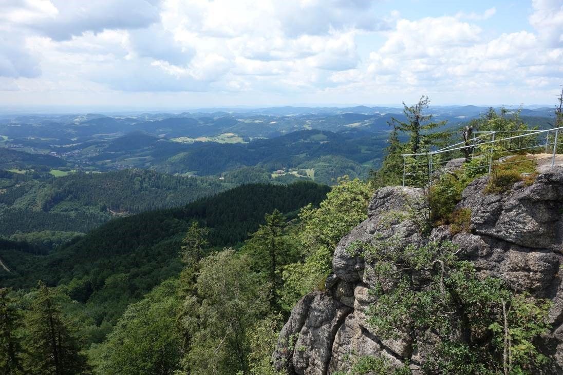 Kilátás a vár kőfaláról az erdős dombokra és völgyekre.
