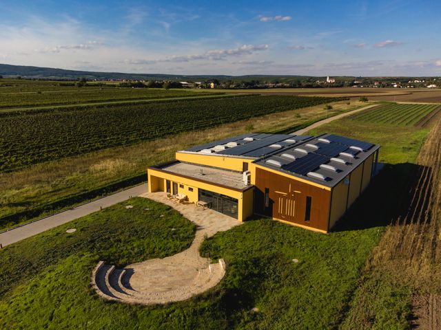 Légi felvétel egy modern, napelemekkel felszerelt borászatról, amelyet szőlőültetvények és szántóföldek vesznek körül.