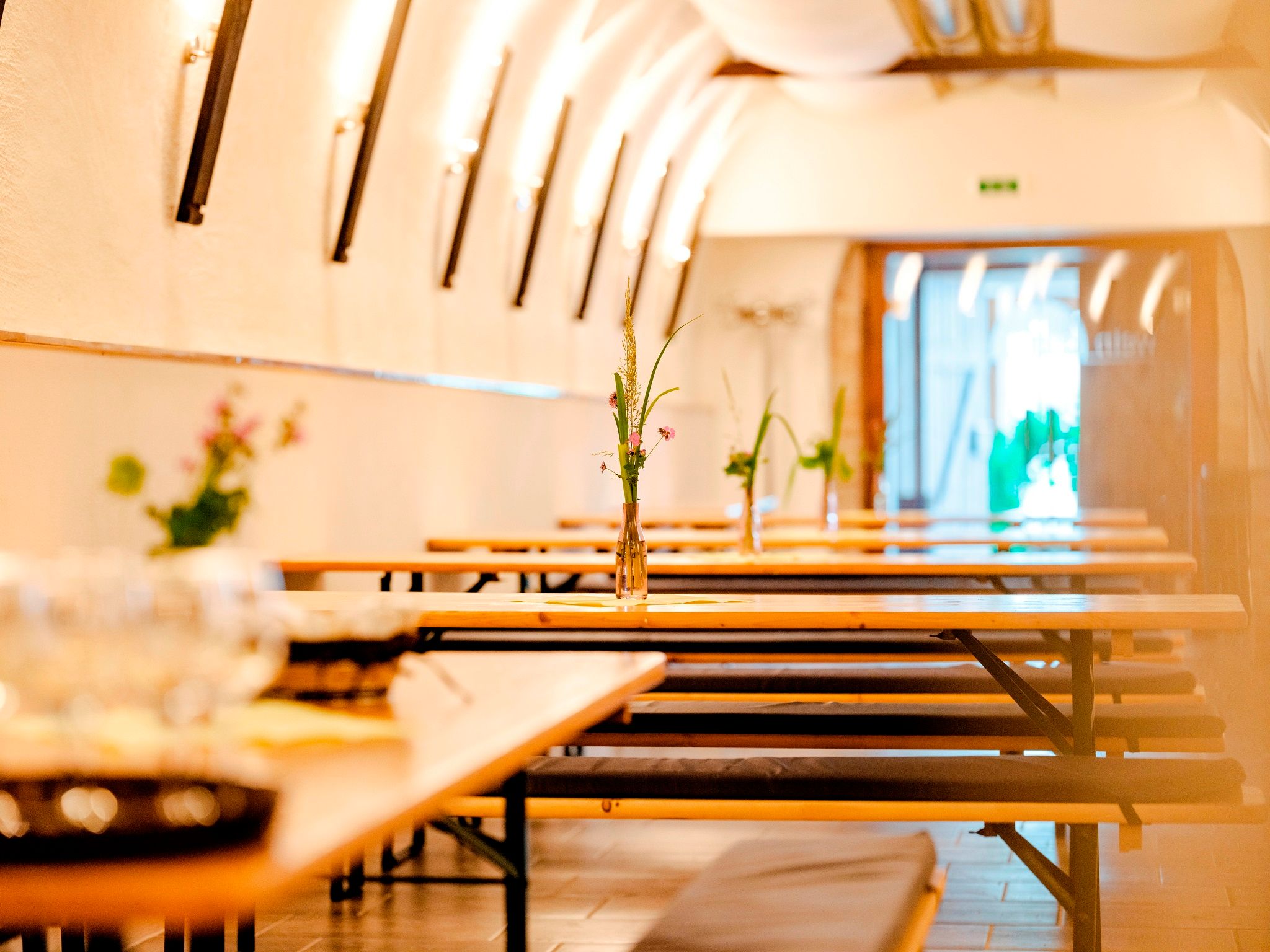 Hagyományos borozó belső nézete, hosszú faasztalokkal és padokkal, virágvázákkal díszítve.