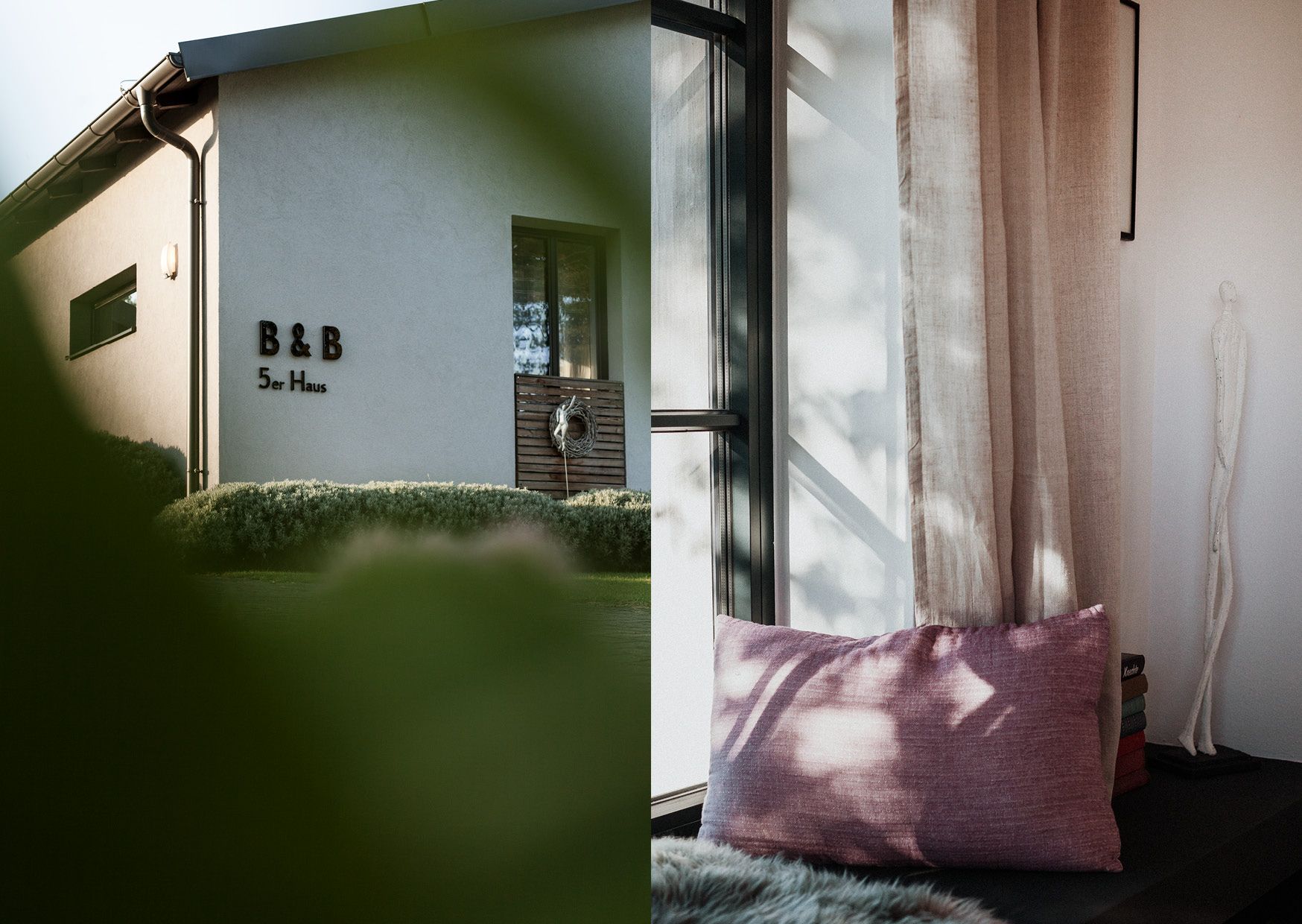 Egy "5er Haus" feliratú panzió külső nézete és belső nézete lila párnákkal és függönyökkel.