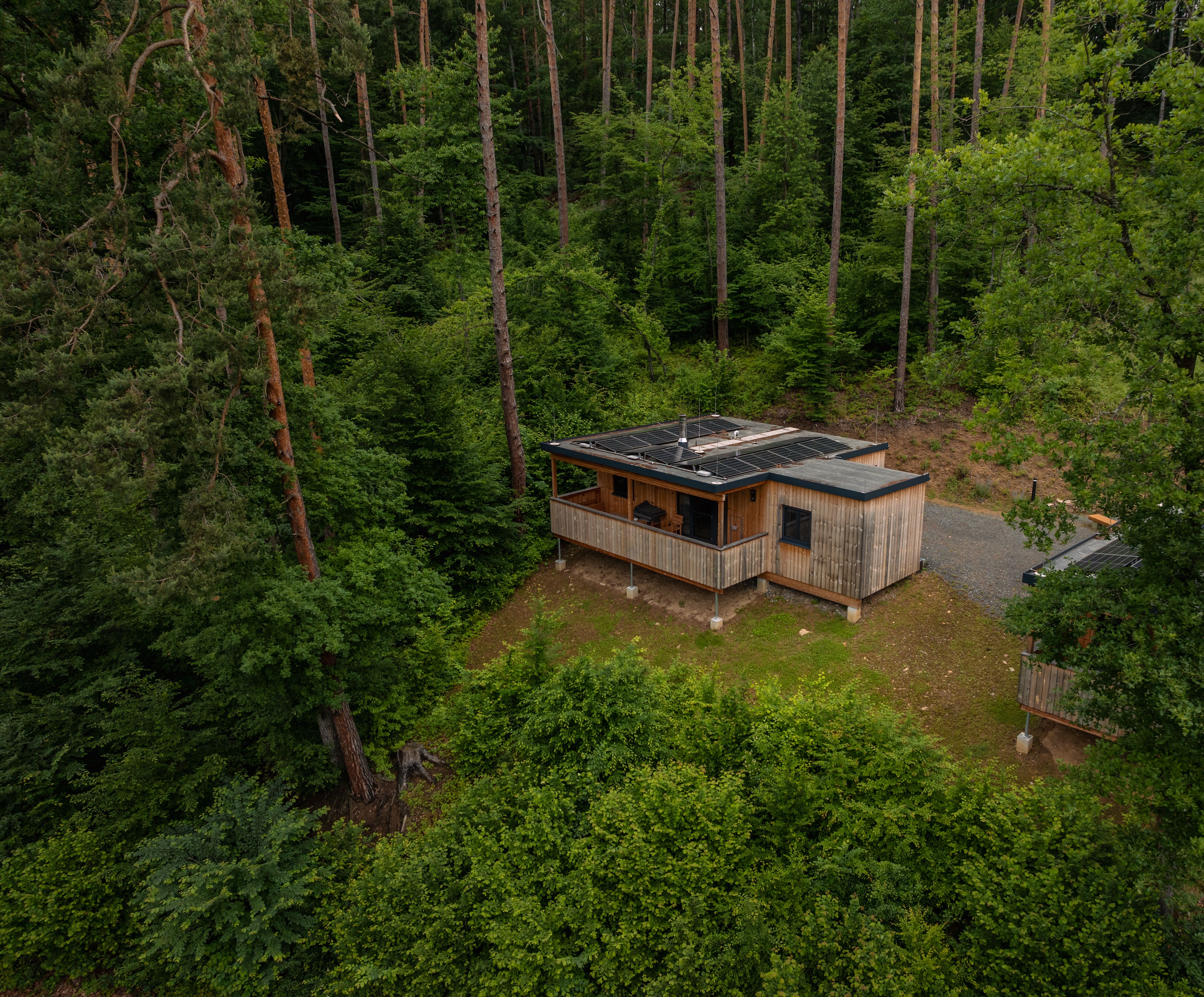 Légi felvétel egy tóparti várromról, amelyet erdő és dombok vesznek körül.