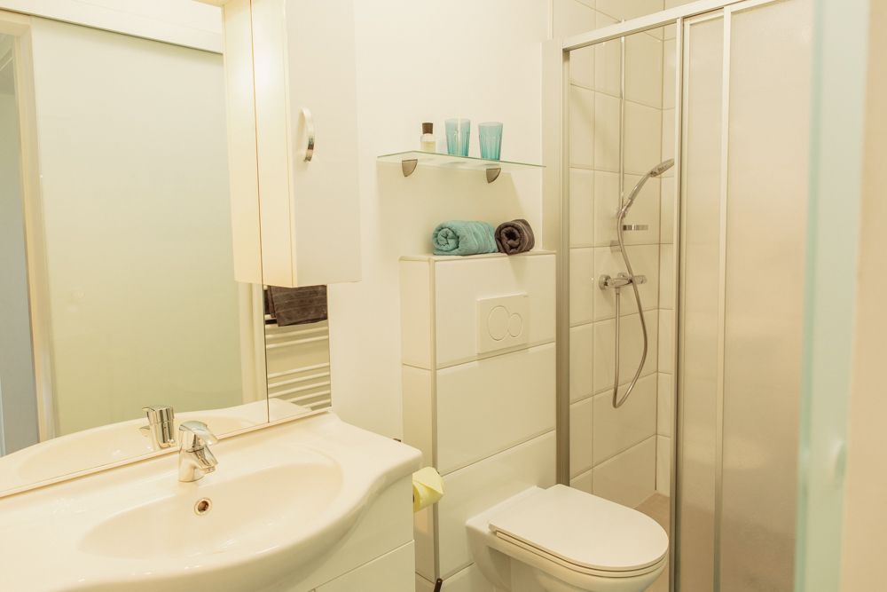 Modern fürdőszoba zuhanyzóval, mosdóval és WC-vel.