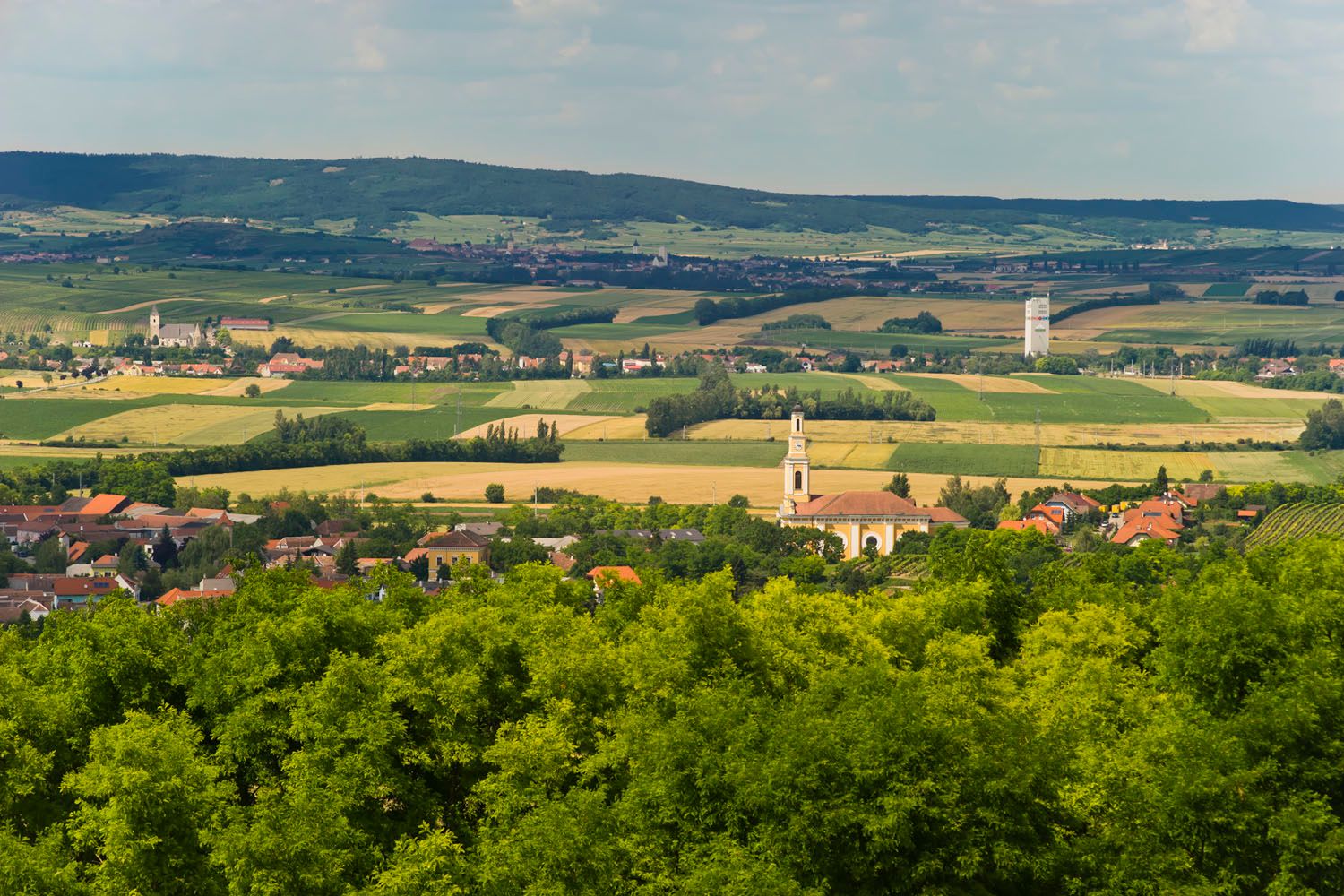 Zellerndorf tájképe templommal és mezőkkel.