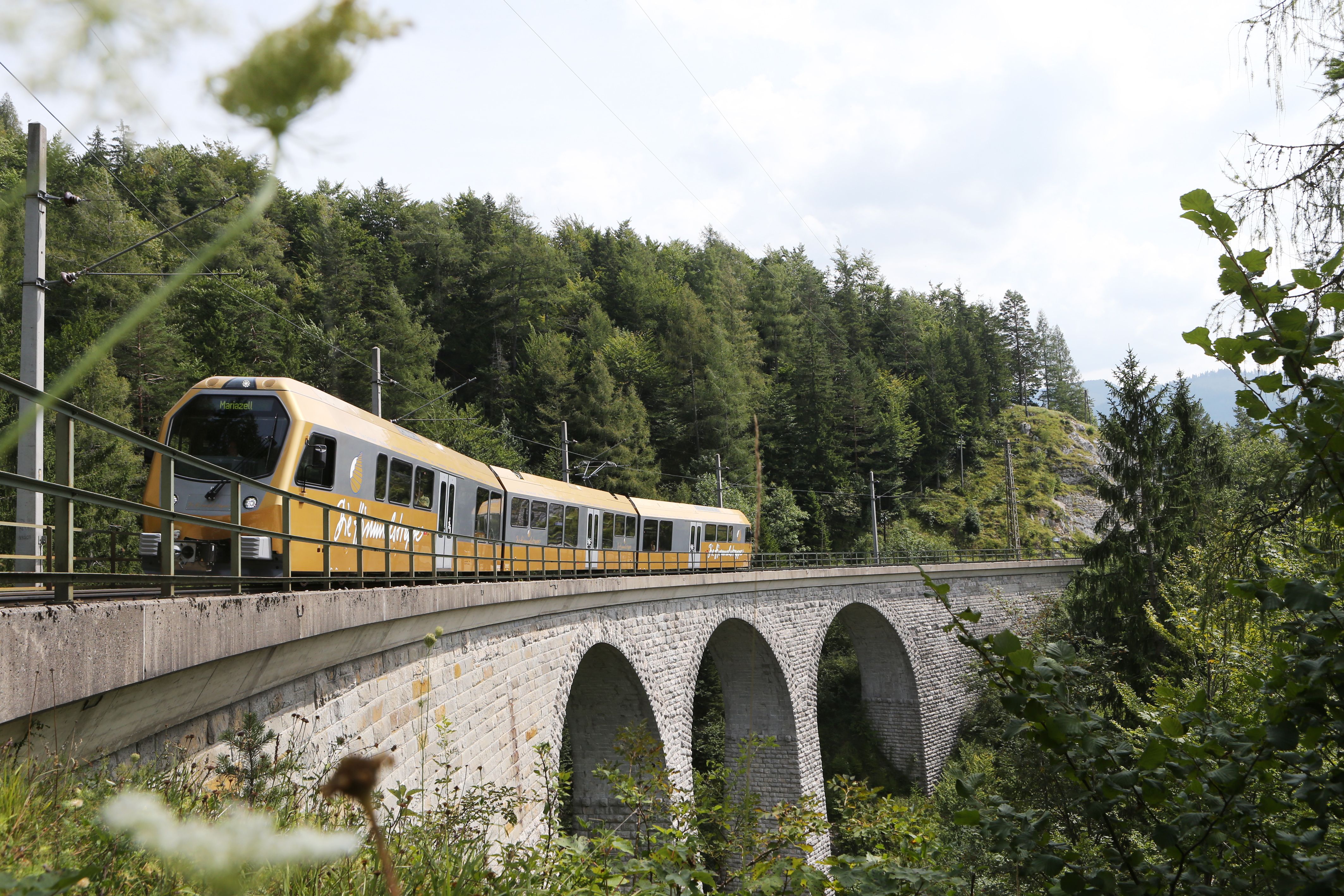 Umgeben von majestätischen Bergen und dichten Wäldern schlängelt sich die Semmeringeisenbahn elegant durch die Landschaft. Die beeindruckende Brücke, die über das grüne Tal führt, bietet atemberaubende Ausblicke und lädt zu unvergesslichen Erlebnissen in der Natur ein.