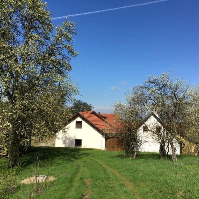 Egy fehér ház piros tetővel áll egy zöld réten, virágzó fákkal körülvéve, tiszta kék ég alatt.