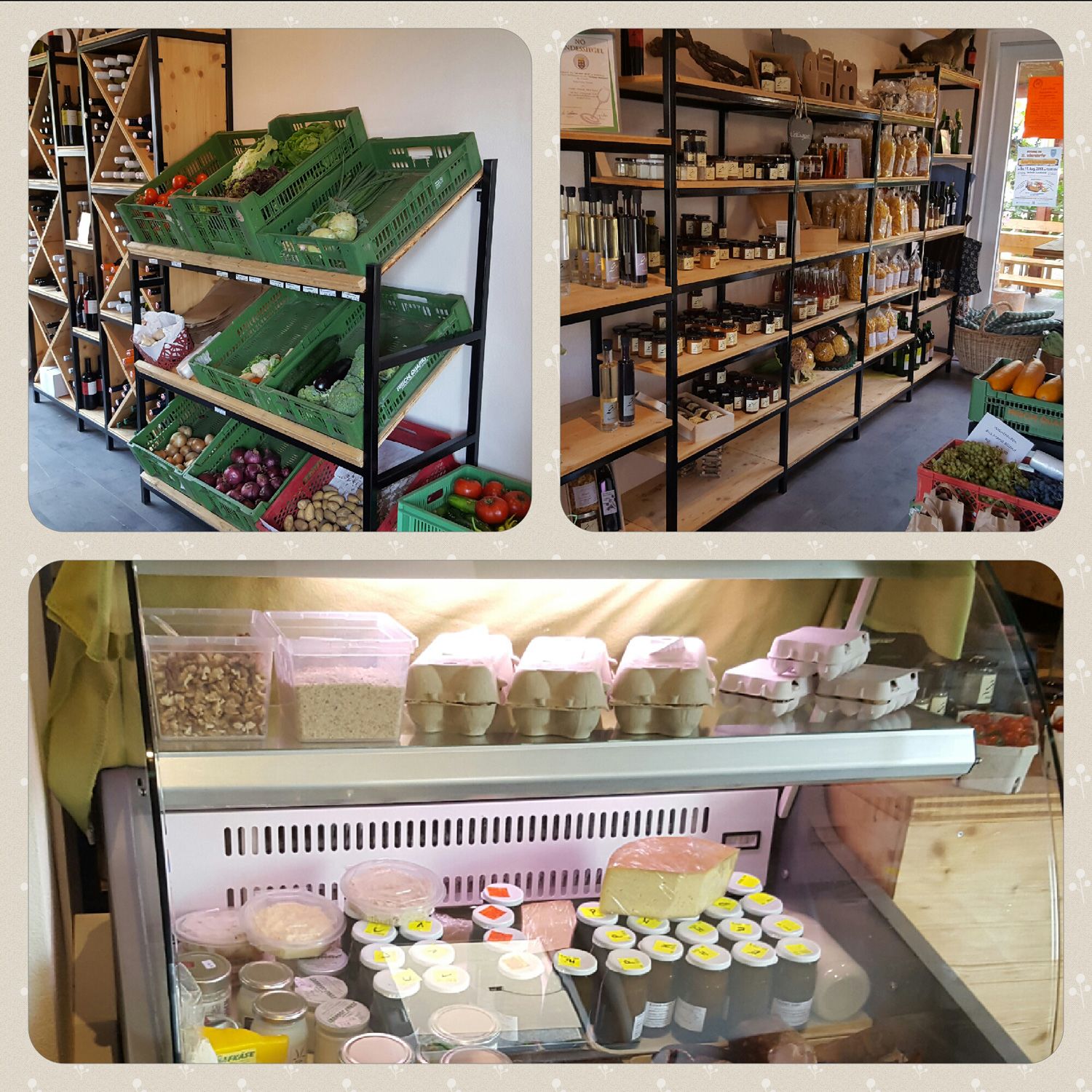 Egy mezőgazdasági bolt belső nézete, tele zöldségekkel, lekvárokkal, tojással és tejtermékekkel teli polcokkal.