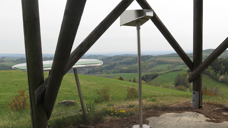 Kilátópont a Bécsi Alpokban távcsővel és panorámatáblával.