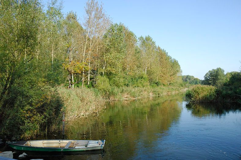 Egy nyugodt folyó, a parton egy kis csónakkal, körülötte sűrű erdő és tiszta égbolt.
