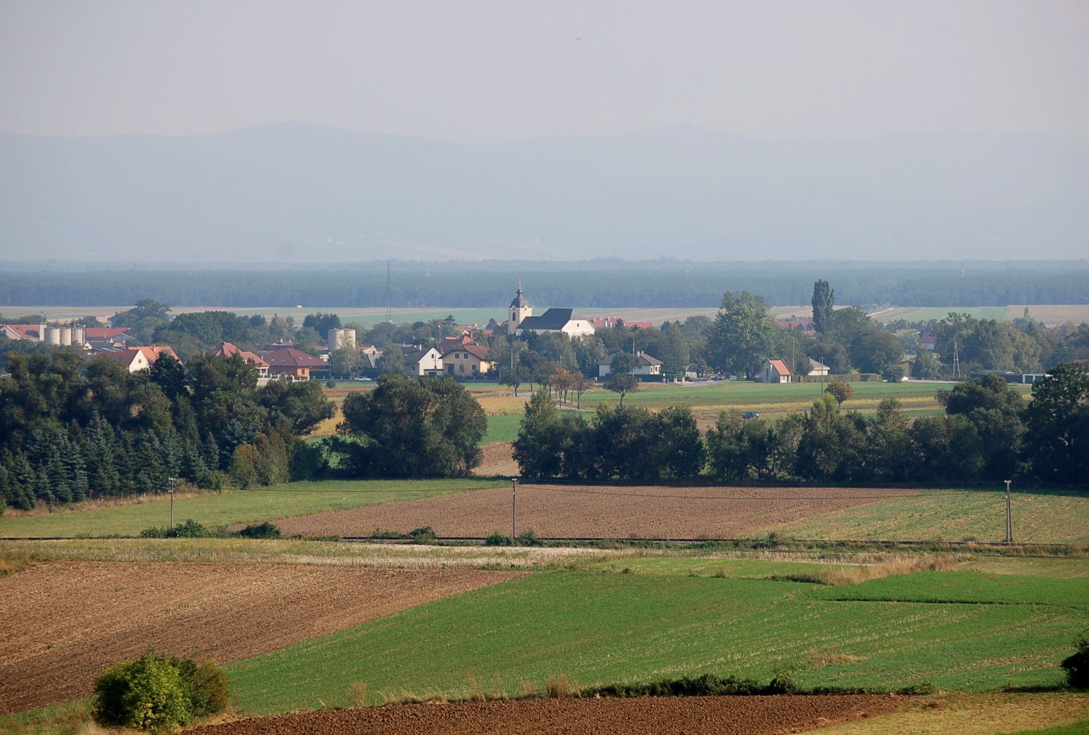 Tájkép mezőkkel és faluval a háttérben, Weikersdorf am Steinfelde.